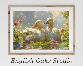 Spring Ducks Pond Art Print: Vintage Farmhouse Nursery Decor