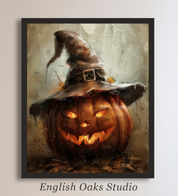 Vintage Scary Pumpkin Wearing a Witch Hat Halloween Still Life