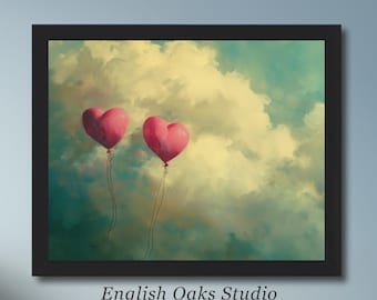 Puede incluir: Dos globos de color rosa en forma de corazón flotan sobre un fondo de nubes suaves y de color pastel. Los globos están atados juntos con cuerdas, creando una escena romántica y caprichosa.