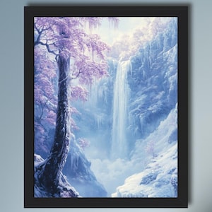 Vintage Waterfall Print: Snowy Winter Landscape with Purple Blooms