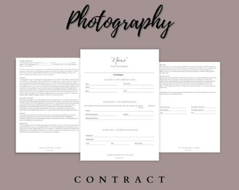 May include: A black and white photography contract template with the text "[Name] Photography" and "Contract" at the top. The contract includes sections for client information, session information, and service compensation.