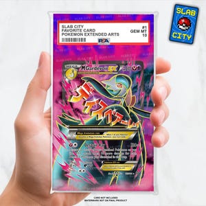 Puede incluir: Una carta de Pokémon con un Mega Gardevoir EX sobre un fondo rosa, morado y azul. La carta está en una funda de plástico protectora y tiene una calificación Gem Mint 10.