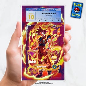 May include: A graded trading card featuring a character in a dynamic pose, surrounded by fiery orange and yellow energy. The card is encased in a protective holder with a CGC Universal Grade of 10. The text "Favorite Card" and "Slab City" are visible.
