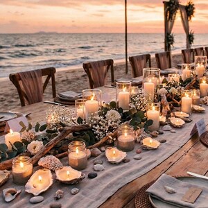 May include: A long wooden table set for a beachside event, adorned with candles, seashells, and floral arrangements. The table is set with plates, napkins, and silverware, with chairs arranged along the sides. The background features the ocean and a sunset.