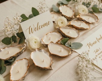 Strand bruiloft gunst voor gasten, oesterschelp sojawas kaars met gouden rand, bulk zomer strand bruiloft gunst, kust bruiloft decor
