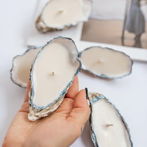Set di candele fatte a mano con conchiglie di ostriche blu - Decorazioni costiere, bomboniera per candele estive da spiaggia