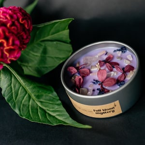 Candela misteriosa della luna piena: quarzo rosa, pietra di luna e ortensia