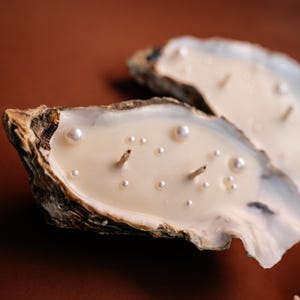 May include: Two oyster shell candles filled with off-white wax. Each shell features two wicks and is decorated with small, round, white pearl-like beads embedded into the surface of the wax, creating a textured appearance within the natural shell.