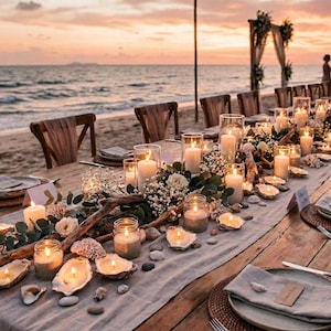 Può includere: Un lungo tavolo in legno apparecchiato per un evento all'aperto su una spiaggia al tramonto. Il tavolo presenta un runner grigio chiaro, tovagliette intrecciate, tovaglioli bianchi e un centrotavola con candele in barattoli di vetro.