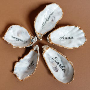 Op de afbeelding: Vijf witte oesterschelpen met goudkleurige randen zijn in een stervorm gerangschikt. Elke schelp heeft een naam in zwart schrift: Svetlana, Aliaksandra, Anna, Siarhei en Ihar. De achtergrond is effen bruin.