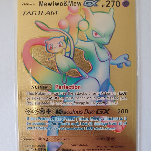 Pokemon Metal Gold Card Mewtwo&Mew GX Rainbow Tag Team, Arceus , Pikachu, Charizard,Mega,Vmax ,Vstar,Shadow,Rainbow,Collectable,Fun,Art,Gift