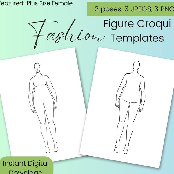 Fashion Figure Template, Plus Size Female Front and Back, Croqui Template, Digital, Printable, 9 head figure template