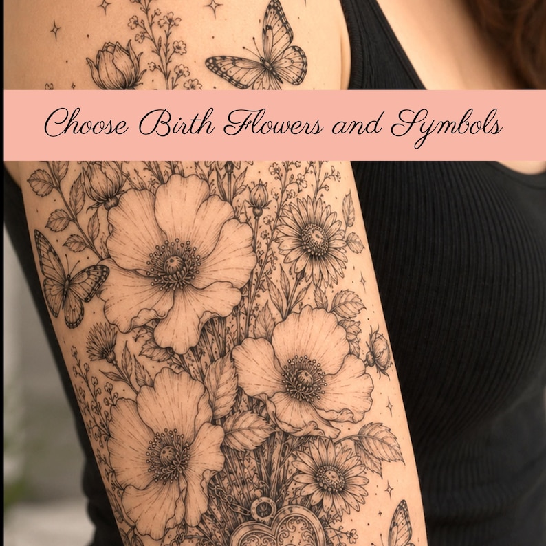May include: A black ink tattoo design on skin featuring a bouquet of various flowers, including poppies and daisies, interspersed with butterflies and small star symbols. The image includes a pink horizontal banner with the text Choose Birth Flowers and Symbols.