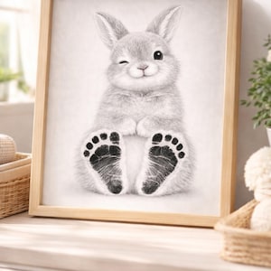 Könnte beinhalten: Gerahmte Bleistiftzeichnung eines grauen Hasen, der zwinkert und lächelt. Die Füße des Hasen haben schwarze Pfotenabdrücke. Das Kunstwerk befindet sich in einem hellen Holzrahmen, geeignet für ein Kinderzimmer.