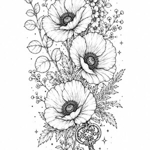 May include: A black and white line art illustration featuring three large poppy flowers, a crescent moon, small star accents, and a decorative vintage key. The composition includes delicate floral stems, leaves, and buds arranged in a vertical, botanical-inspired design with fine ink detailing throughout the drawing.