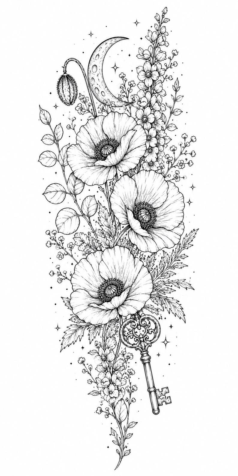 May include: A black and white line art illustration featuring three large poppy flowers, a crescent moon, small star accents, and a decorative vintage key. The composition includes delicate floral stems, leaves, and buds arranged in a vertical, botanical-inspired design with fine ink detailing throughout the drawing.