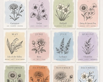 Birth Flower Clipart Bundle PNG, Birth Month Flower Line Art, Commercial Use POD Design, Botanical Floral Decor, 12 Month Bundle