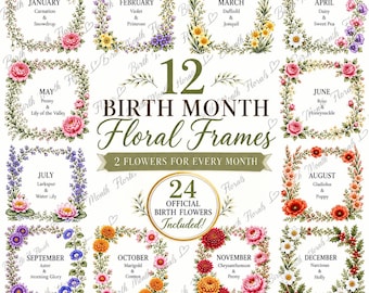 May include: A digital collection of 12 birth month floral frames featuring watercolour illustrations of flowers for each month, including January carnations, February violets, and December holly, with text labels for each month and flower name.