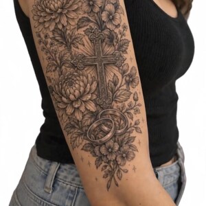 May include: A black and grey tattoo on an upper arm featuring a central ornate cross surrounded by detailed chrysanthemum and pansy flowers, with two interlocking wedding rings positioned at the base of the floral arrangement and small star accents.
