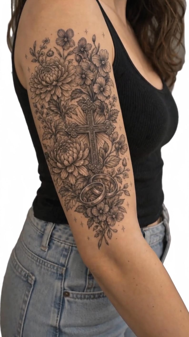 May include: A black and grey tattoo on an upper arm featuring a central ornate cross surrounded by detailed chrysanthemum and pansy flowers, with two interlocking wedding rings positioned at the base of the floral arrangement and small star accents.