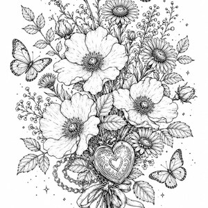 May include: A black and white line art illustration of a bouquet featuring large poppy-like flowers, daisies, and small buds. A heart-shaped locket on a chain is nestled among the stems, tied with a ribbon. Three butterflies surround the floral arrangement.