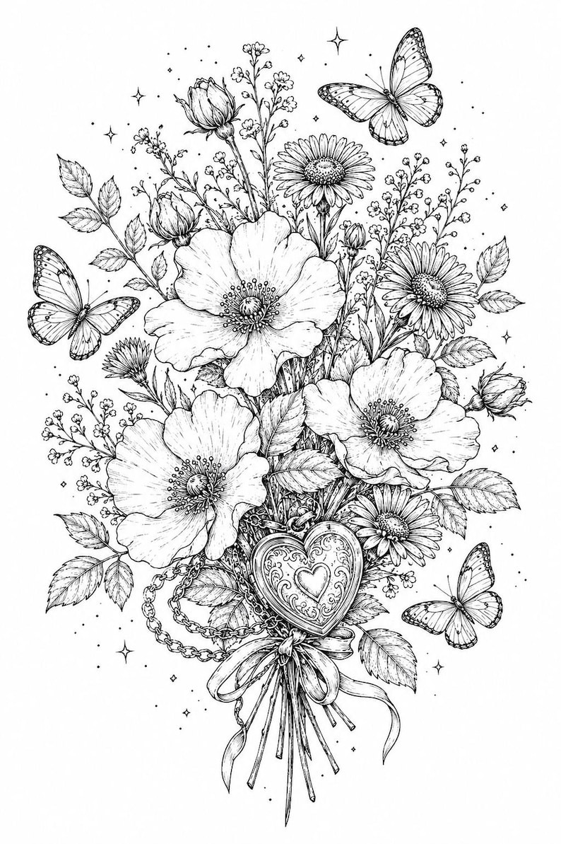 May include: A black and white line art illustration of a bouquet featuring large poppy-like flowers, daisies, and small buds. A heart-shaped locket on a chain is nestled among the stems, tied with a ribbon. Three butterflies surround the floral arrangement.