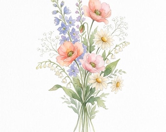 May include: A watercolour illustration of a floral bouquet featuring soft peach and pink poppies, light blue delphinium stalks, white daisies with yellow centres, and small sprigs of white lily of the valley and baby's breath with green leaves.