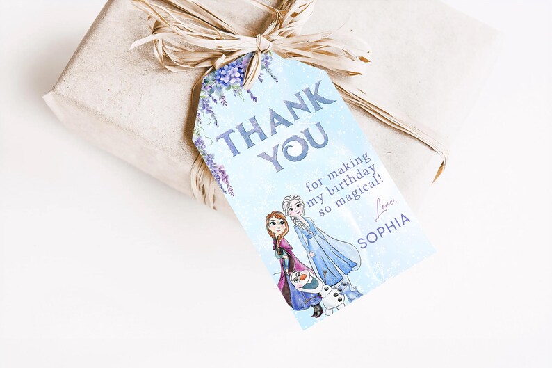 Frozen Birthday Thank You Card Template: Editable Gift Tag (2x3.5 ...
