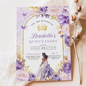 Editable Purple Floral Quinceañera Invitation Template (Digital Download)