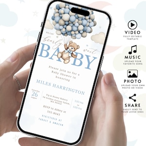 Invito video animato modificabile per giochi di baby shower con palloncino a forma di orso, gioco per baby shower "Possiamo aspettare con ansia" in blu, modelli per bambini orsi