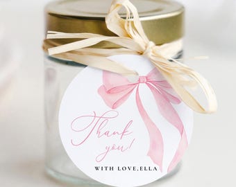 EDITABLE Pink Bow Thank You Tag for Baby Shower, Minimalist Baby Shower Pink Watercolor Ribbon Blush Pink 1st Birthday Digital Template