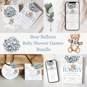 Editable Bear Balloon Baby Shower Games Bundle, Blue We Can Bearly Wait Baby Shower Game Pack, Boy Boho Bear Baby Templates Bundle,SBD201