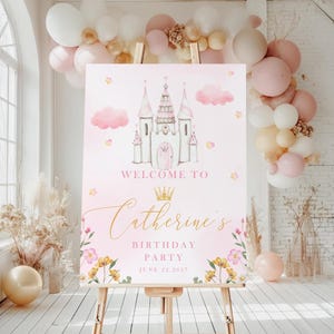 Panneau de bienvenue modifiable pour l'anniversaire de princesse, modèle personnalisable pour les filles, téléchargement immédiat, décoration de fête, anniversaire de princesse