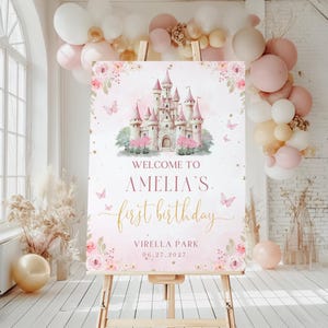 Bearbeitbares Prinzessin Geburtstag Willkommensschild, anpassbare Vorlage für Mädchen, sofortiger Download, Partydekor, Prinzessin Geburtstag