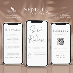 Moderne elektronische huwelijksuitnodiging, bruiloft digitaal, minimalistisch online, details, RSVP QR, huwelijksuitnodiging, LIP201