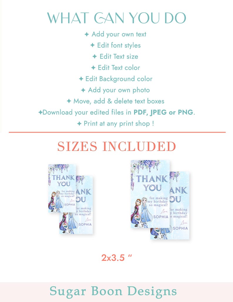Frozen Birthday Thank You Card Template: Editable Gift Tag (2x3.5 ...