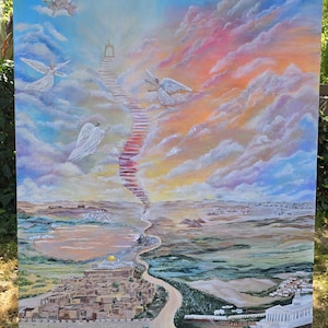 Christian Acrylic Painting Stairway to Heaven | Jerusalem Angels Wall Art | Prophetic Biblical Canvas | Spiritual Home Decor