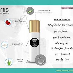 Exfoliante Líquido DIY 2% BHA - Startup de cosmética - Imprimibles - Cuidado de la piel - Regalos personalizados - Recetas - Casero - Bricolaje - Guía