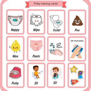 May include: A collection of potty training cards featuring illustrations and text. The cards depict a nappy, toilet, poo, wee, pants, washing hands, potty, and children using the toilet. The words "Potty training cards" are at the top.