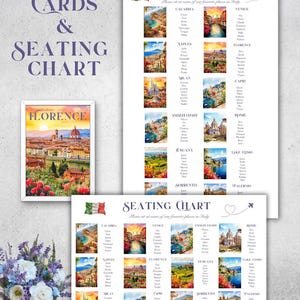 May include: A framed Florence art print and two seating chart designs with Italian city illustrations. The text reads "Table Cards & Seating Chart" and "Seating Chart". The seating charts feature names and city names like Venice and Rome.