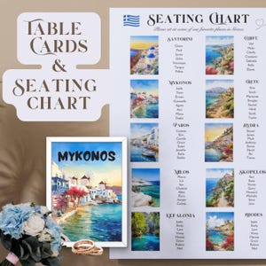 Plan de table et cartes de table pour mariage sur l'île grecque – Aquarelle sur le thème du voyage (modèle modifiable + fichiers d'impression)