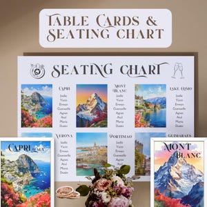 Plan de table A3 sur le thème de l'Europe/mariage et cartes de table A5 / Plan de table et panneaux de table modifiables.