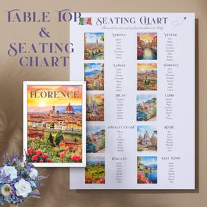 May include: A table top and seating chart with the word "Florence" in a white frame. The seating chart lists Italian cities with names. The Florence image shows a cityscape with a sunset.
