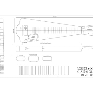 Pode incluir: Um desenho em preto e branco de um plano de guitarra lap steel. O plano inclui medidas em polegadas para o corpo, o pescoço e o braço. O texto "Norfolk County Custom Guitars Lap Steel Plans" está na parte inferior do plano.
