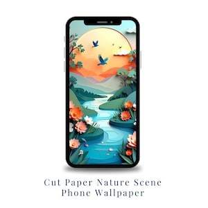 Może przedstawiać: Smartfon wyświetla tapetę z wycinaną papierową sceną natury. Grafika przedstawia rzekę wijącą się przez dolinę, z pomarańczowymi i różowymi kwiatami, drzewami i ptakami na tle zachodu słońca. Telefon jest czarny.