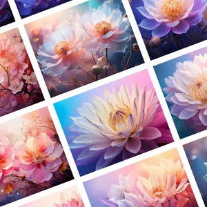 May include: A collage of nine images featuring various flowers in soft pastel colors. The flowers are arranged in a variety of compositions, some with a blurred background and others with a more defined focus. The flowers include white, pink, and purple hues, creating a delicate and romantic aesthetic.