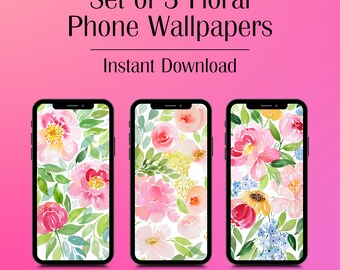Fondos de pantalla florales en acuarela para iPhone, conjunto de 3 (descarga digital)