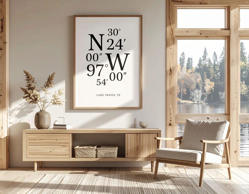 Personalized Latitude & Longitude Lake Art, Modern Lake House Print ...