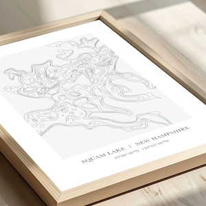 May include: A framed print featuring a detailed topographic map of Squam Lake, New Hampshire. The map is rendered in grayscale, with contour lines depicting the lake's shape. The print includes the lake's name and coordinates: 39°06'00"N 120°03'00"W.