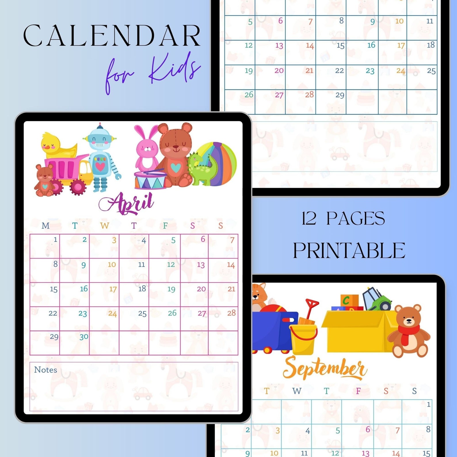 Kids Calendar, Instant Printable Children's Calendar, Blank Calendar ...